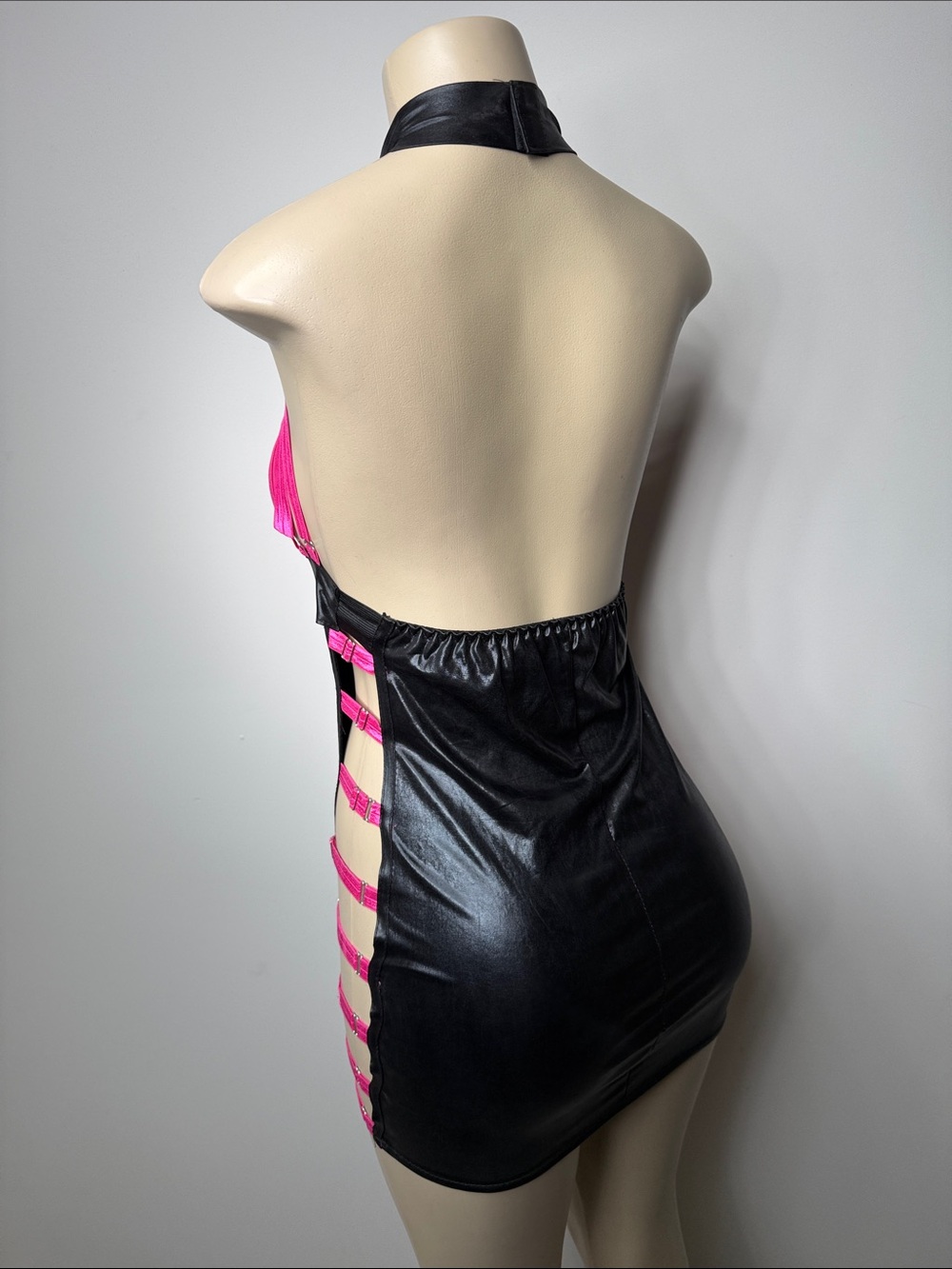 Hot Pink Strappy Cutout Chemise with Black Paneling - Picture 4 of 5